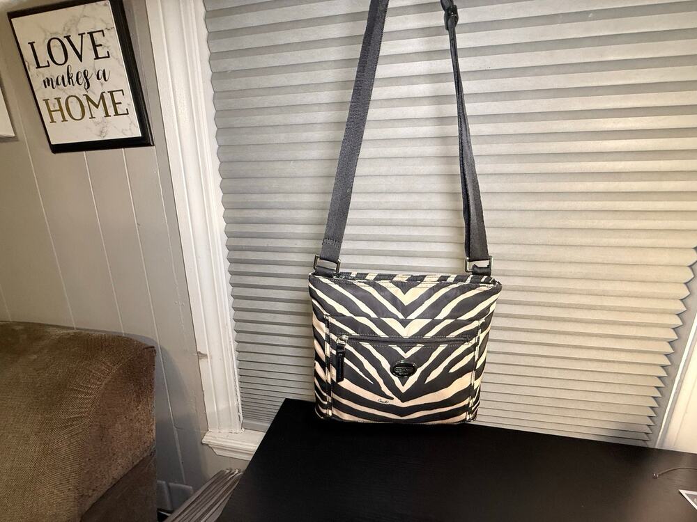 Coach F77541 Zebra Print Nylon Crossbody Bag Black Beige Adjustable Strap